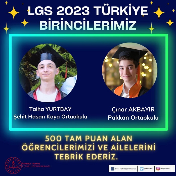 Beykoz’da 2 öğrenci LGS Türkiye birincisi oldu