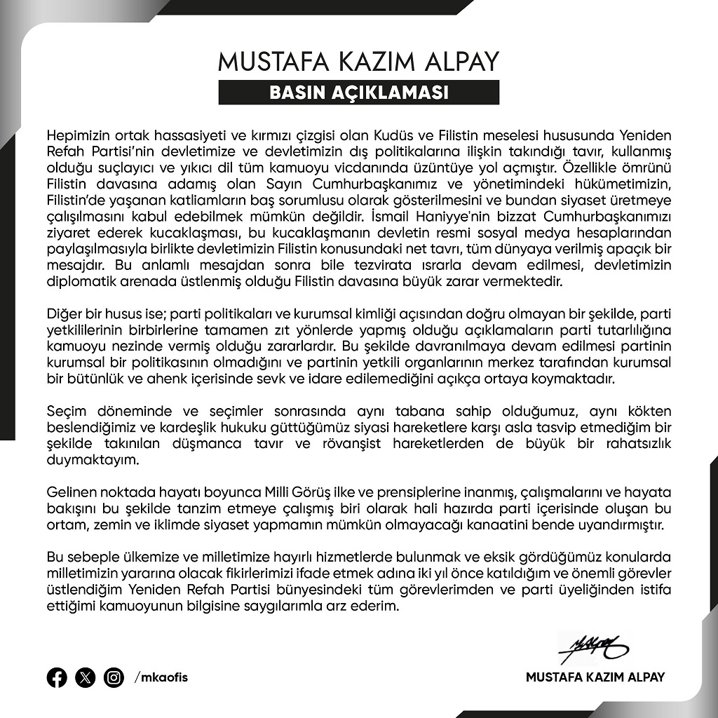Yeniden Refah Beykoz adayı Mustafa Kazım Alpay partisinden istifa etti