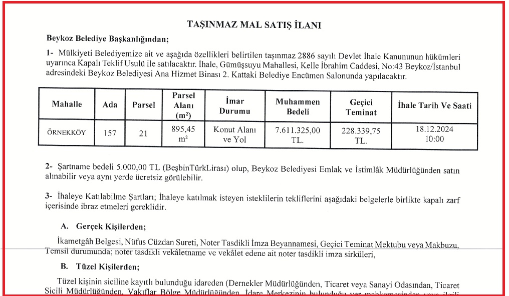 Beykoz Belediyesi bir arsayı daha satışa çıkardı!