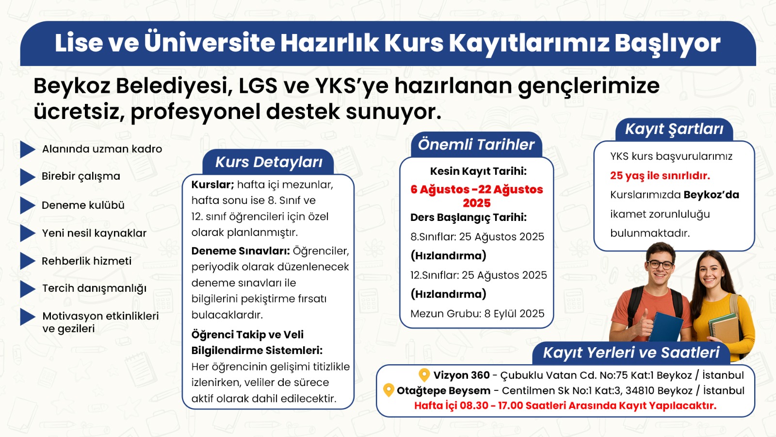 Beykoz’da ücretsiz YKS-LGS kurs kayıtları başlıyor