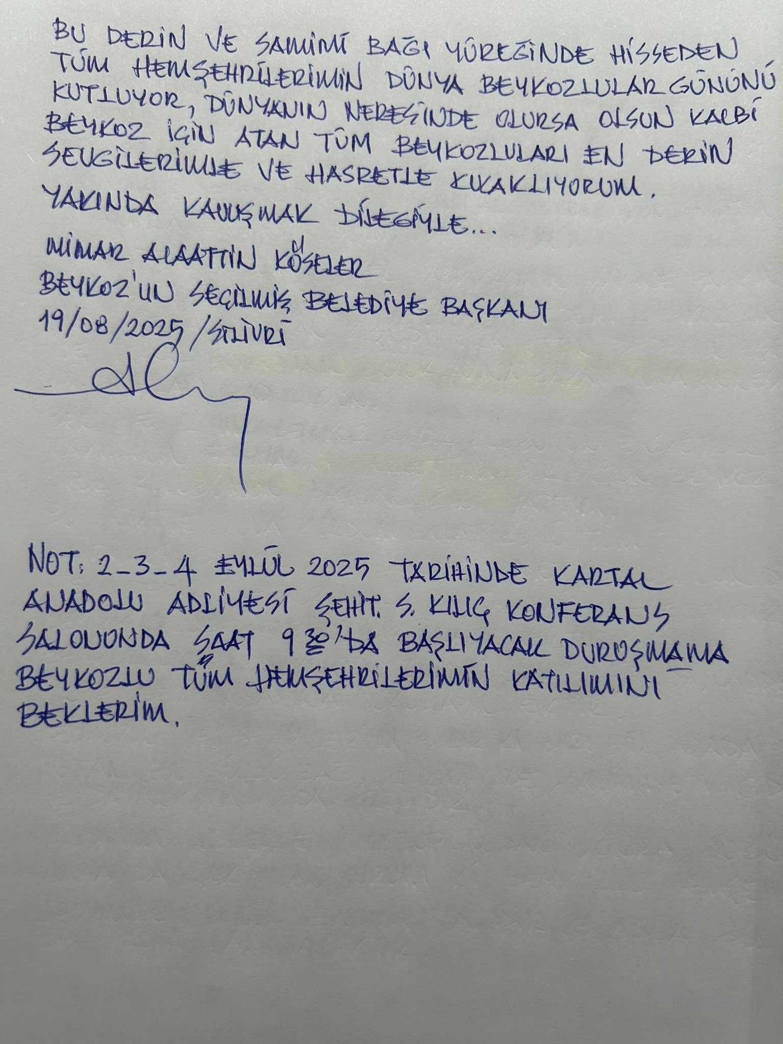 Alaattin Köseler’den 'Dünya Beykozlular Günü' mektubu
